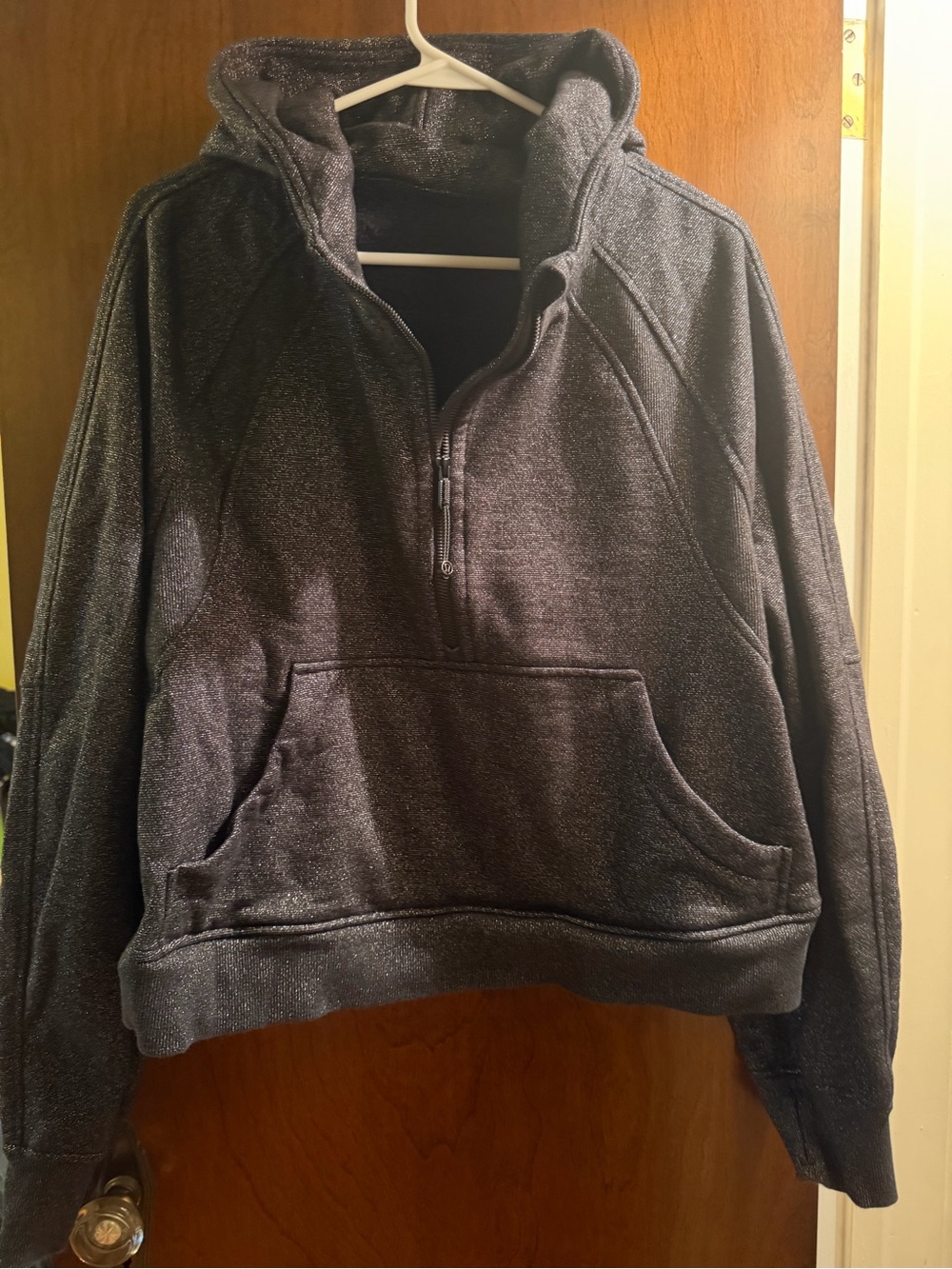 lululemon charcoal gray sparkle half-zip hooded sweatshirt in EUC size L/XL